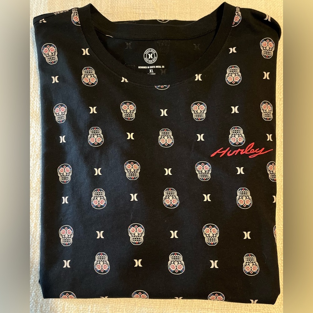 Hurley Surf Company Sugar Skull Calavera Black Mens T-Shirt XL & XXL. NWT
